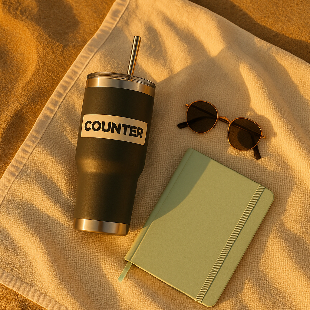 Counter Haus products on a beach towel at sunset