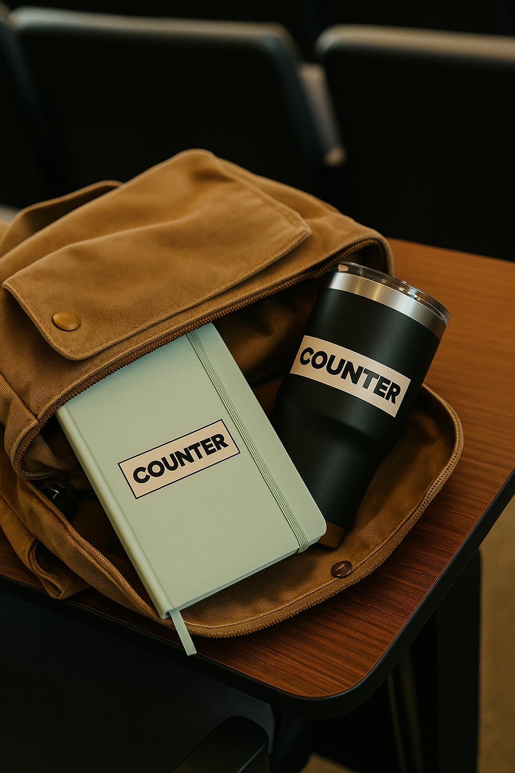 Counter Haus products in a student's backpack