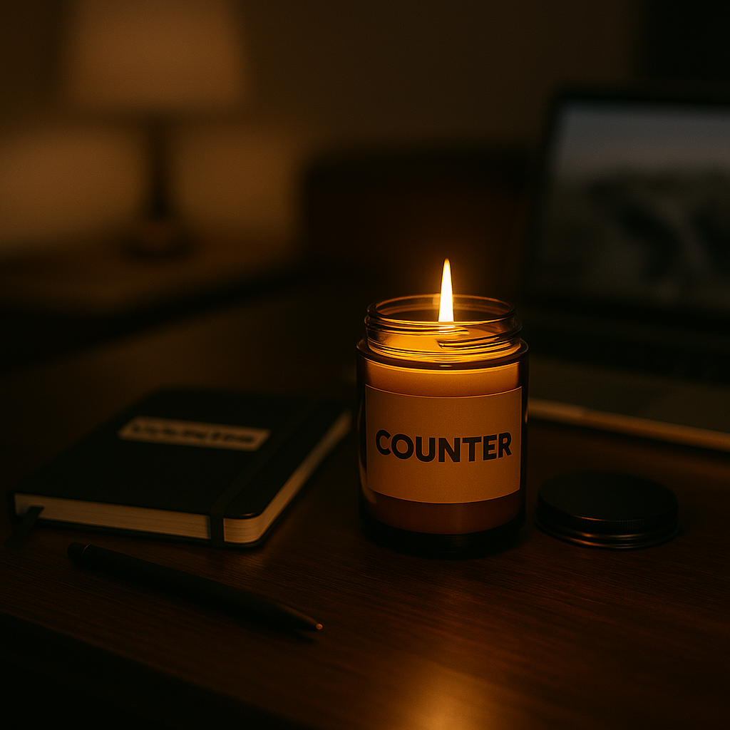 Counter Haus candle lit on a desk at night