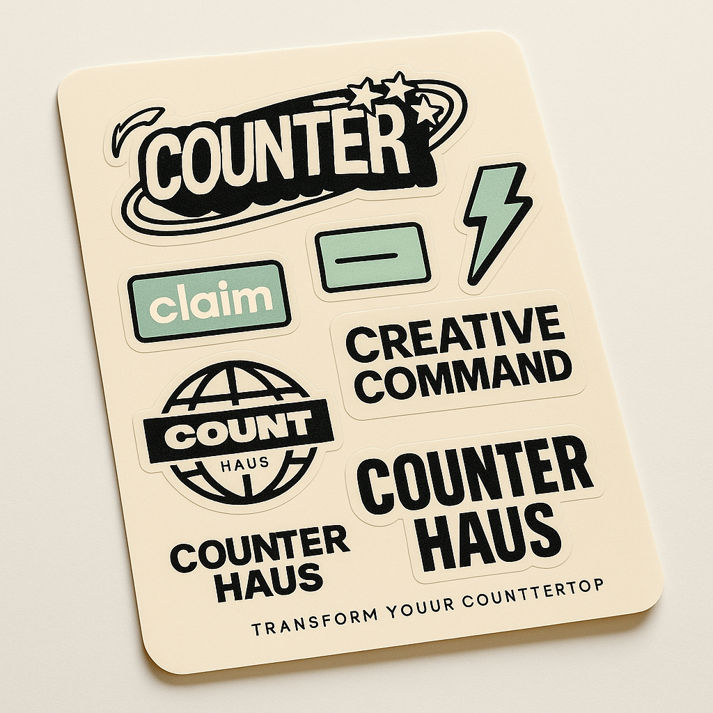 Counter Haus vinyl sticker sheet with various brand graphics